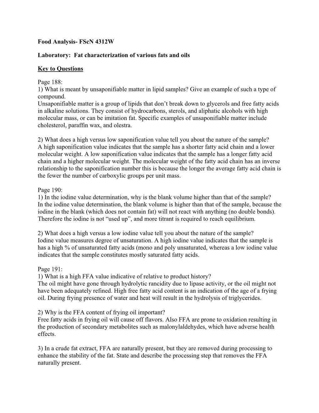 Fat Characterization of Various Fats and Oils Key to Questions Page