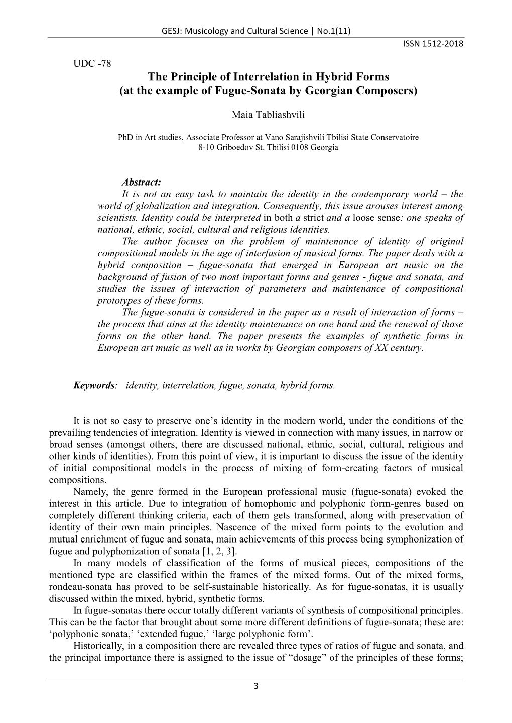 The Principle of Interrelation in Hybrid Forms (At the Example of Fugue-Sonata by Georgian Composers)