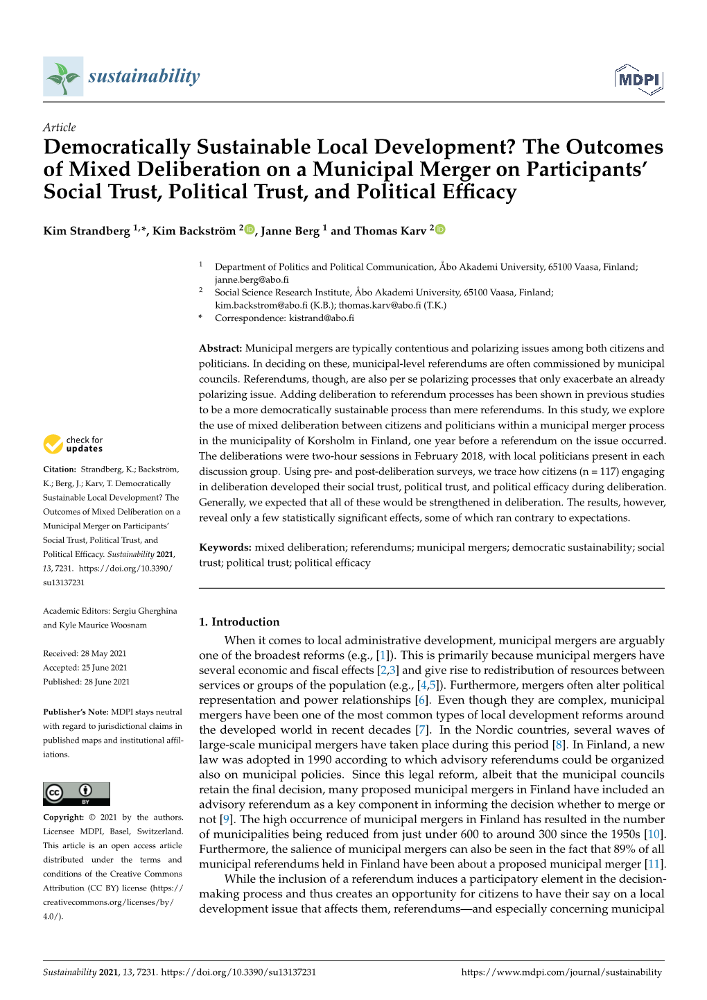 The Outcomes of Mixed Deliberation on a Municipal Merger on Participants’ Social Trust, Political Trust, and Political Efﬁcacy