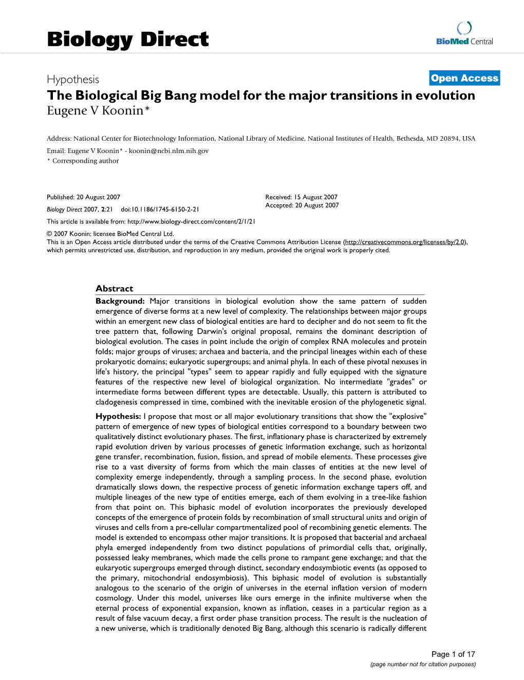The Biological Big Bang Model for the Major Transitions in Evolution Eugene V Koonin*