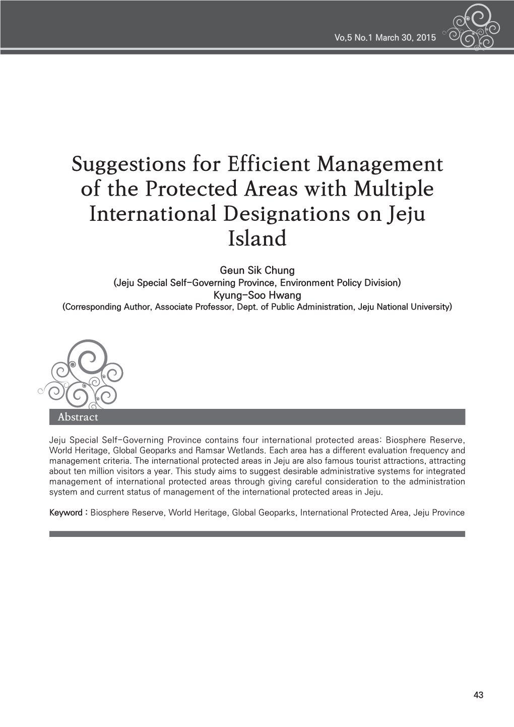 Suggestions for Efficient Management of the Protected Areas with Multiple International Designations on Jeju Island