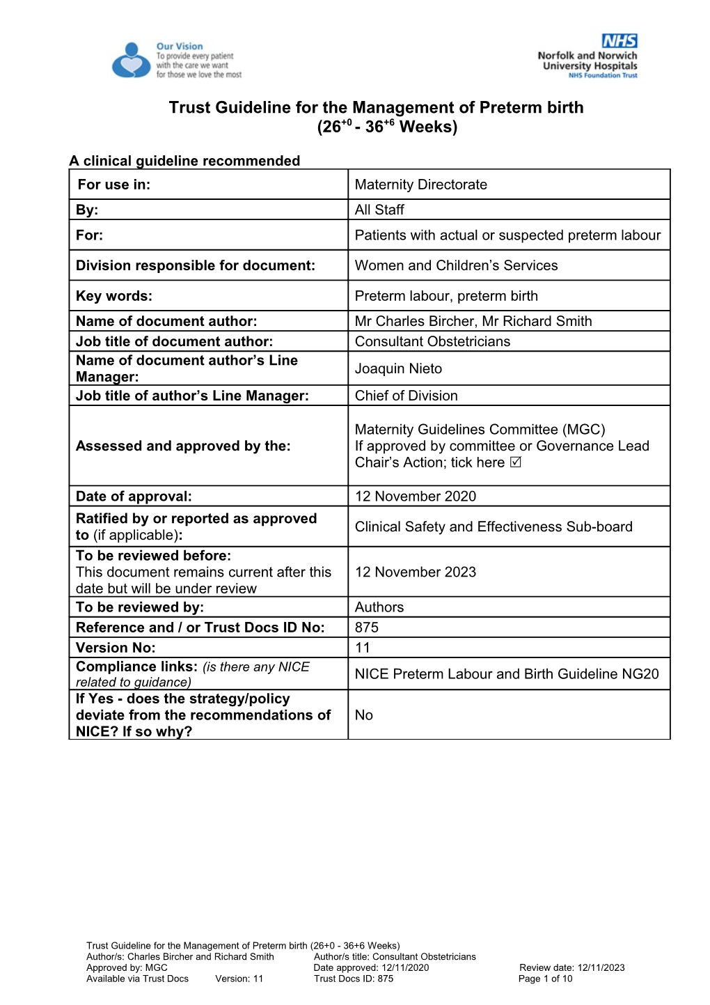 Trust Guideline for the Management of Preterm Birth (26+0 - 36+6 Weeks)