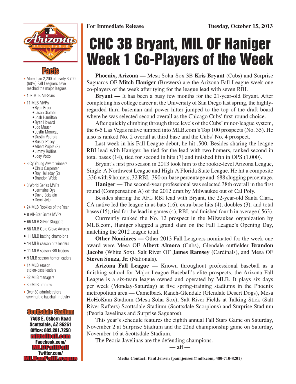 CHC 3B Bryant, MIL of Haniger Week 1 Co-Players of the Week