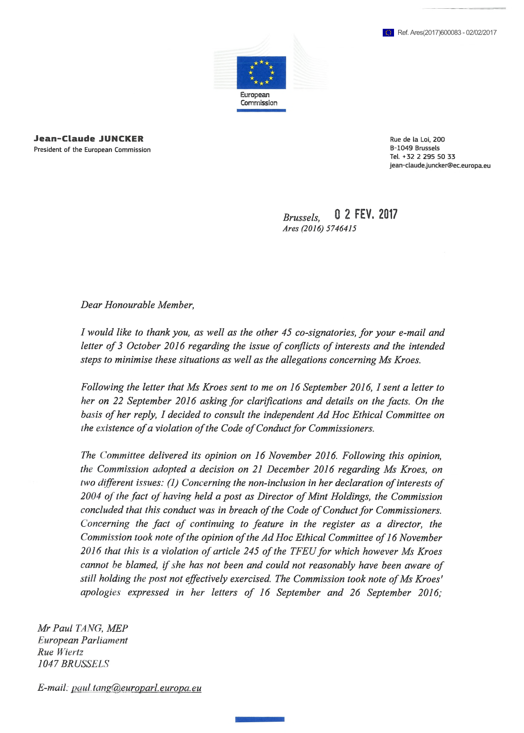 Reply from President Juncker to the Letter Concerning