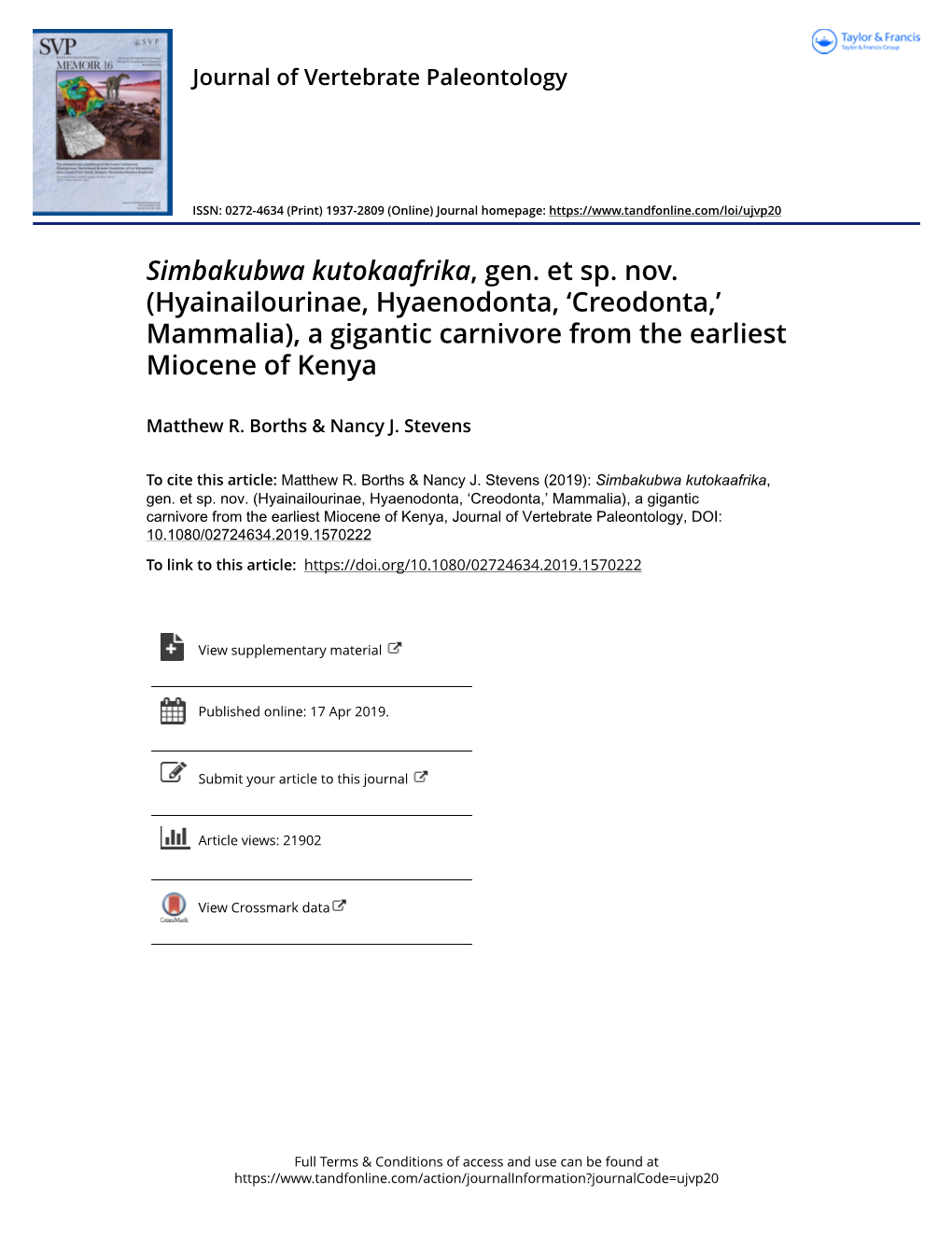 A Gigantic Carnivore from the Earliest Miocene of Kenya