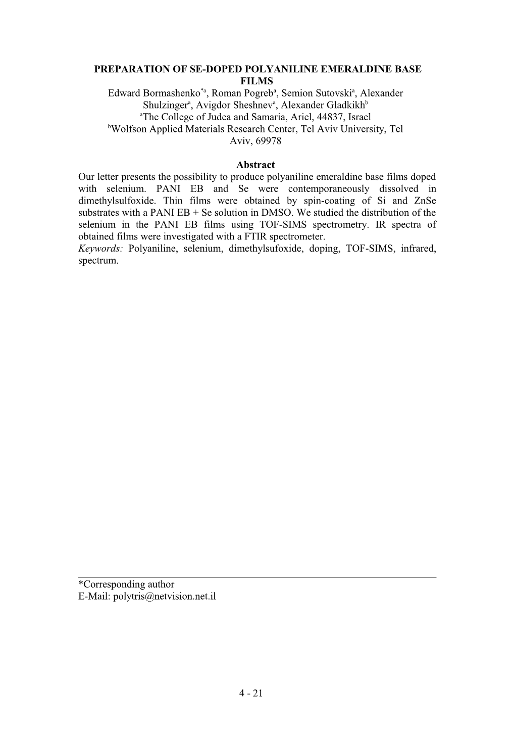 Infrared Optics Applications of the Thin Polyaniline Emeraldine Base Films