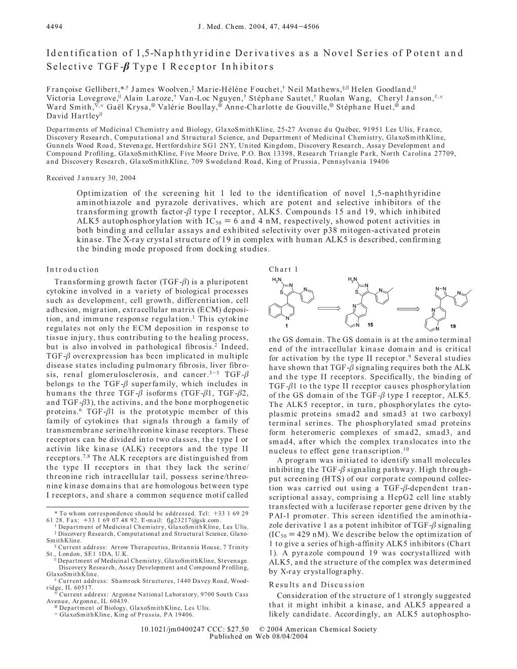 Identification of 1,5-Naphthyridine Derivatives As a Novel Series of Potent and Selective TGF-Â Type I Receptor Inhibitors