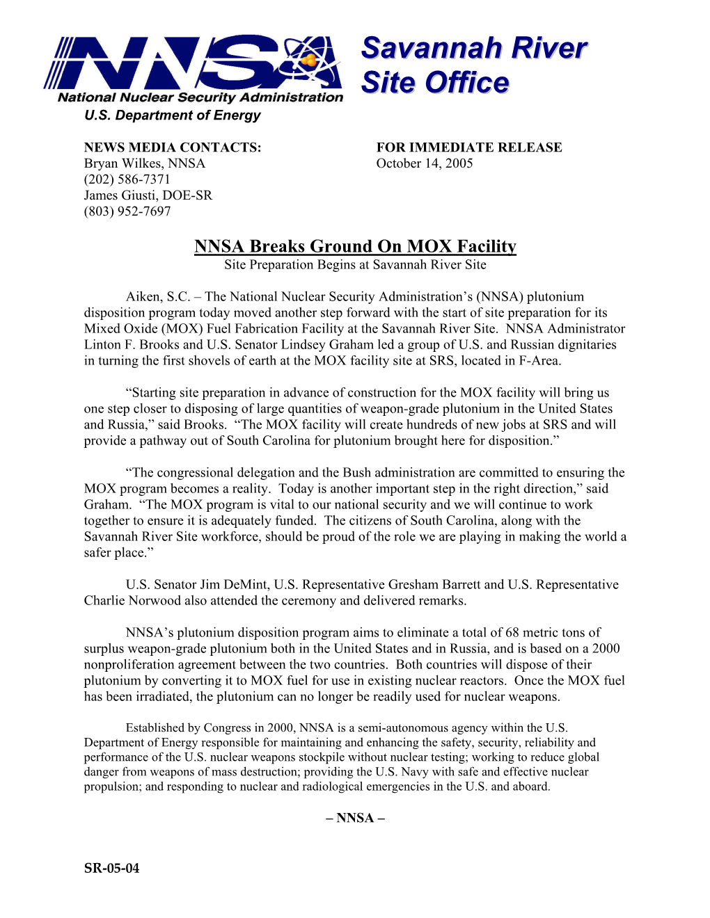 DOE Press Release-NNSA Breaks Ground on MOX Facility