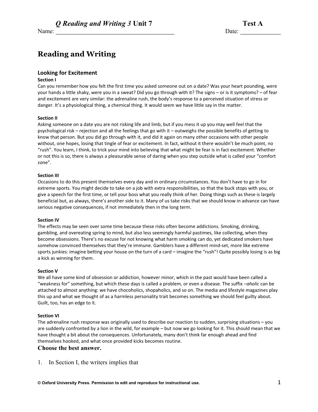 Q Reading and Writing 3 Unit 7 Test A