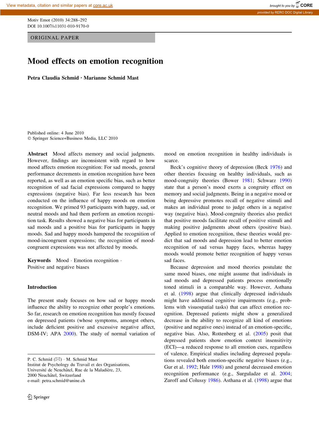 Mood Effects on Emotion Recognition