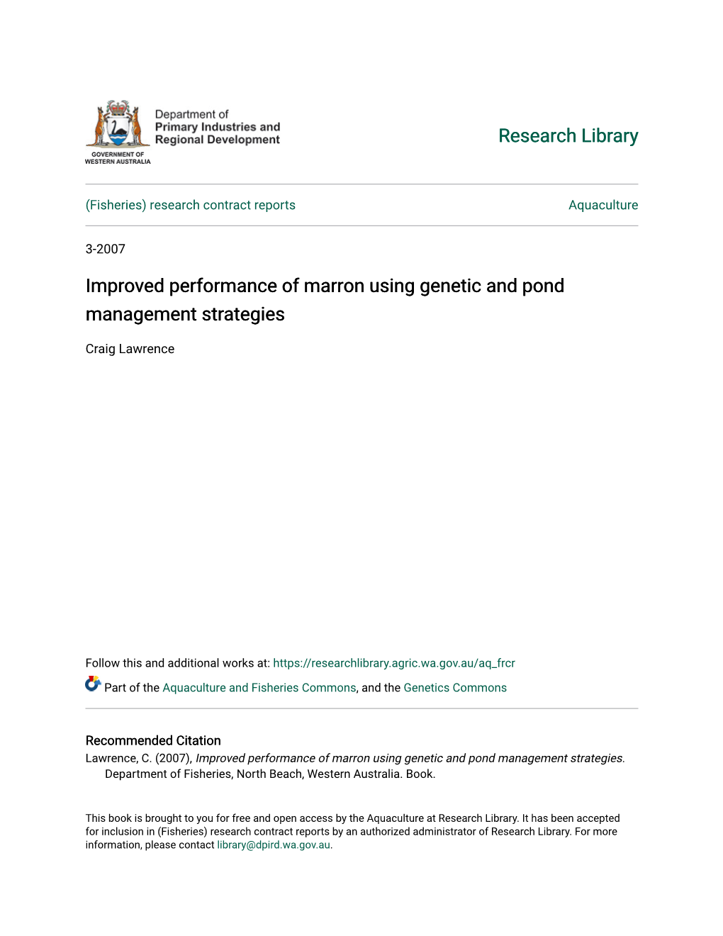 Improved Performance of Marron Using Genetic and Pond Management Strategies