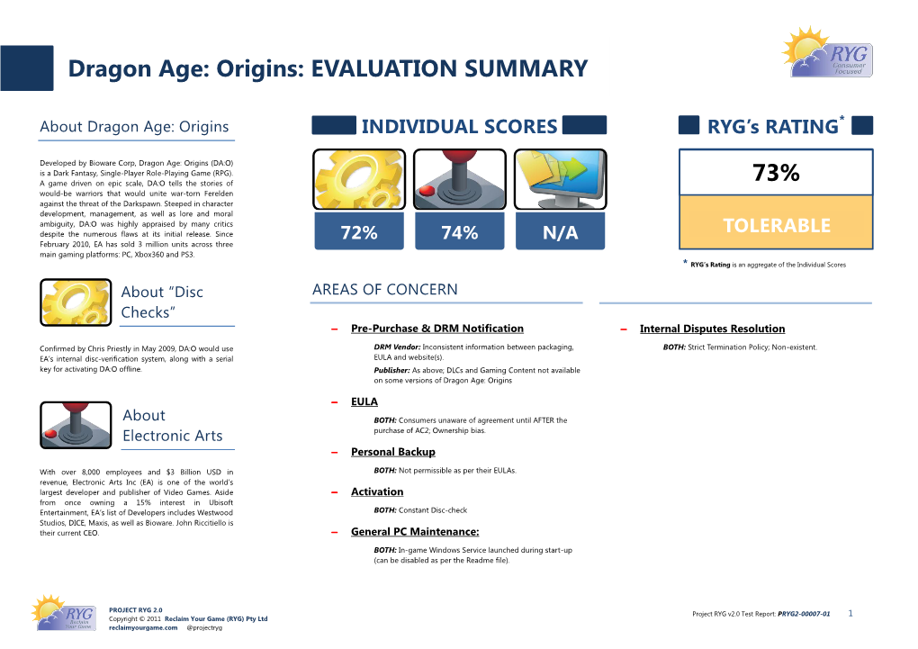 Dragon Age: Origins: EVALUATION SUMMARY