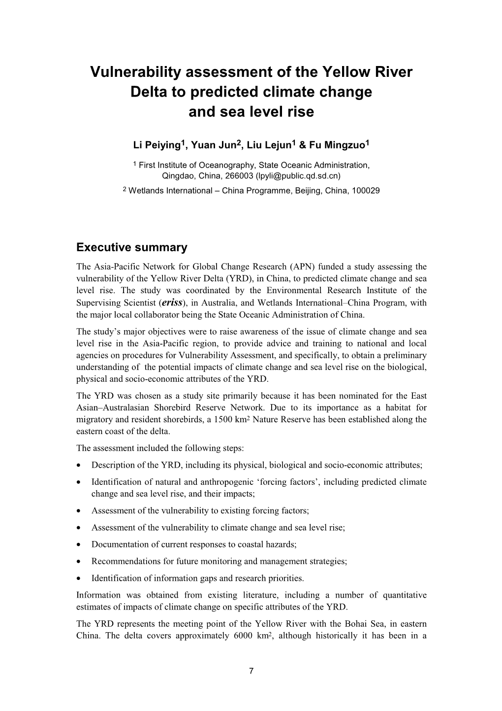 Vulnerability Assessment of the Yellow River Delta to Predicted Climate Change and Sea Level Rise