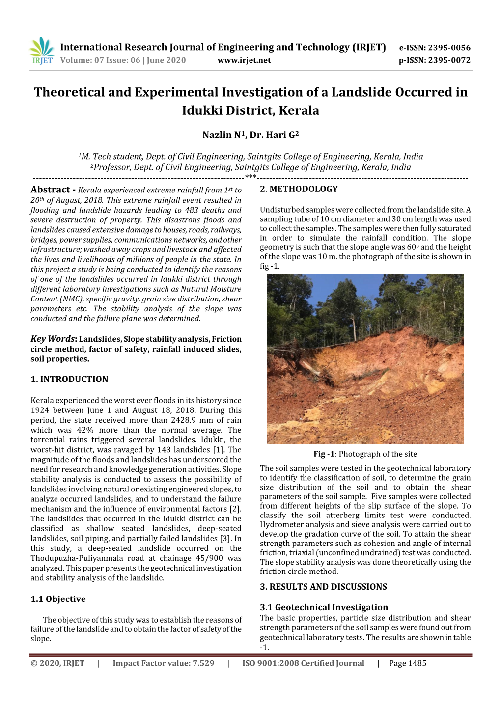 Theoretical and Experimental Investigation of a Landslide Occurred in Idukki District, Kerala