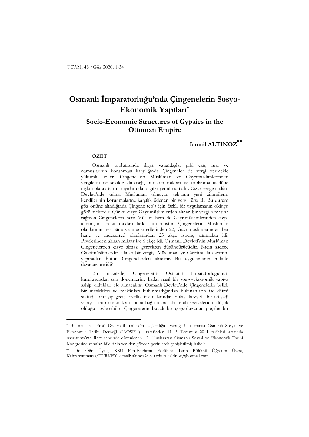 Osmanlı İmparatorluğu'nda Çingenelerin Sosyo- Ekonomik