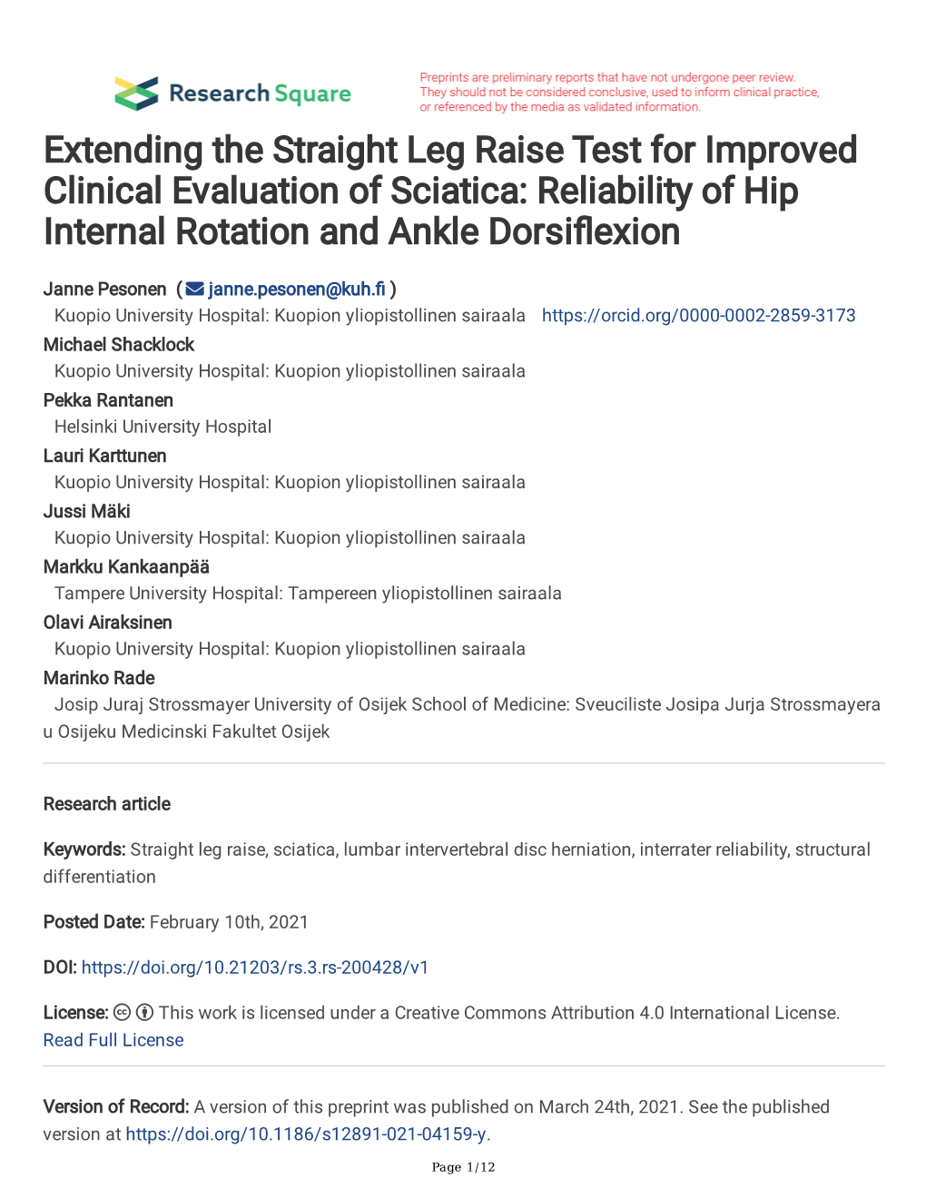 Reliability of Hip Internal Rotation and Ankle Dorsi Exion