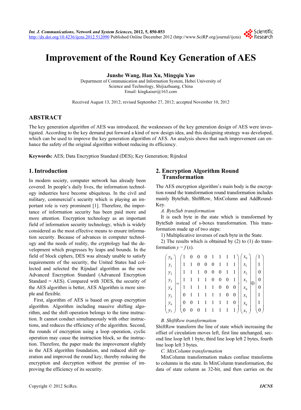 Improvement of the Round Key Generation of AES