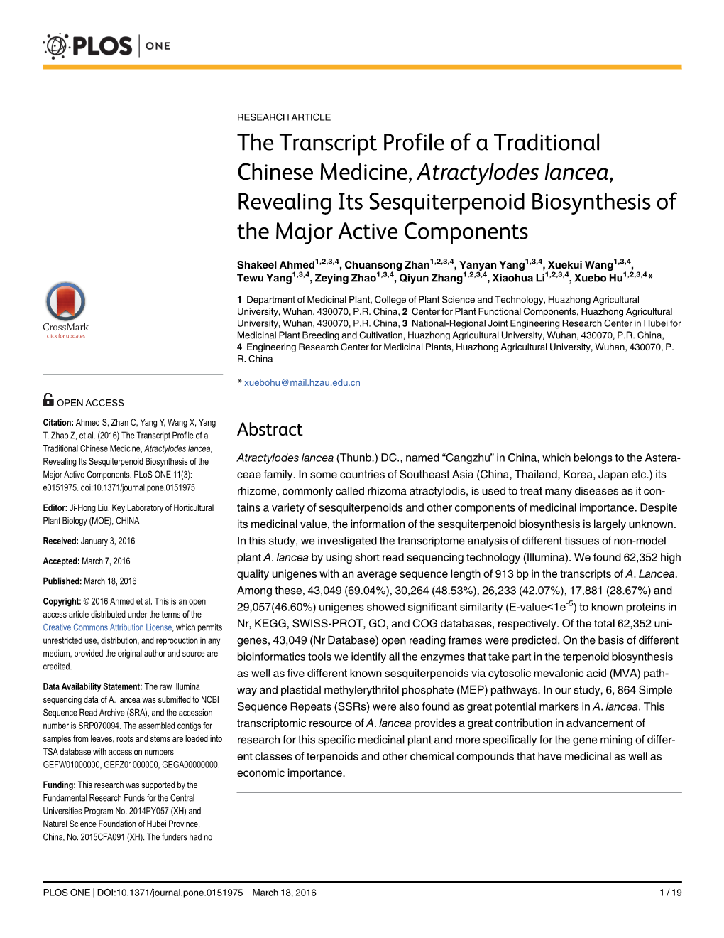 The Transcript Profile of a Traditional Chinese Medicine, Atractylodes Lancea, Revealing Its Sesquiterpenoid Biosynthesis of the Major Active Components