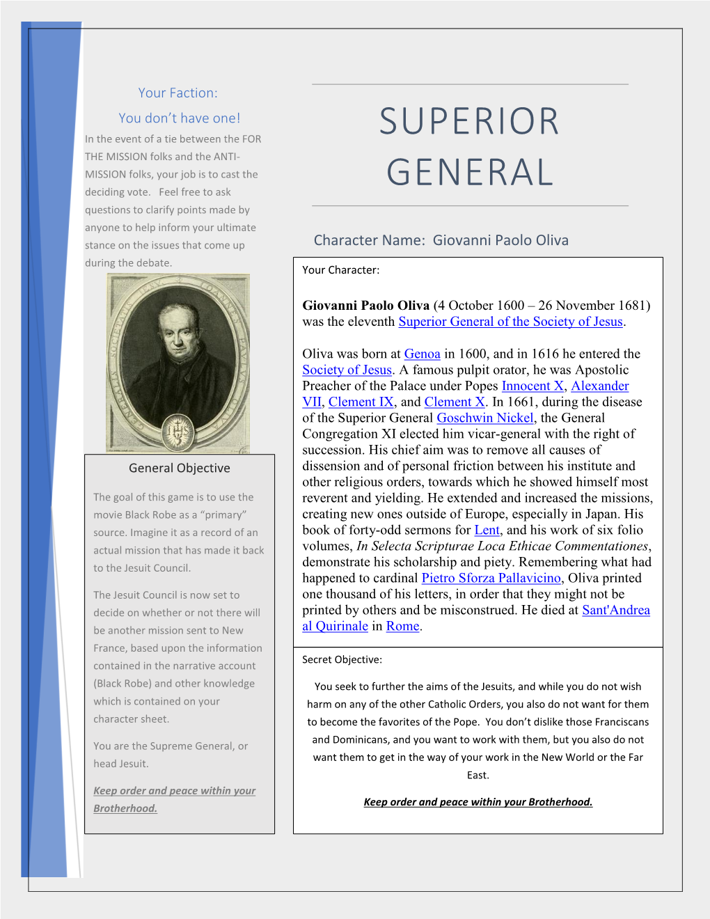 Superior General – Character Sheet