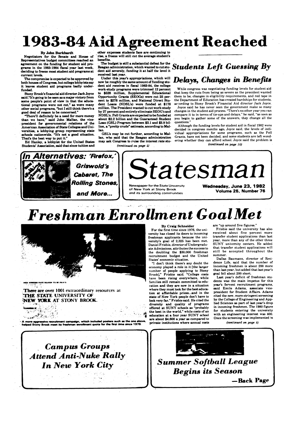 Statesman Rolling Stones, Newspaper for the State University Wednesday, June 23, 1 982 of New York at Stony Brook Volume 26, Number 76 and More