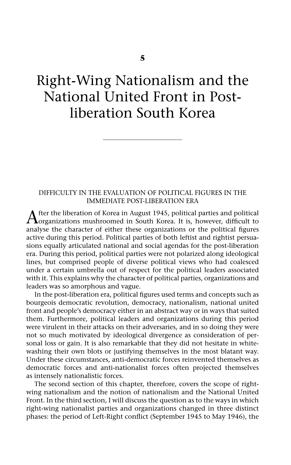 Right-Wing Nationalism and the National United Front in Post- Liberation South Korea