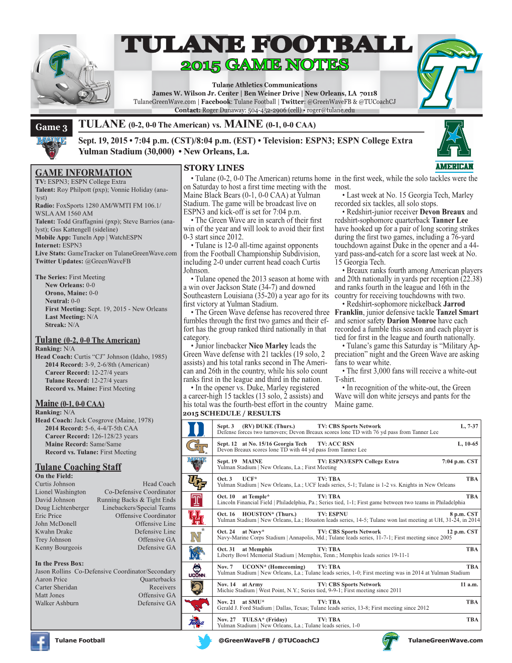 Tulane Football 2015 Game Notes