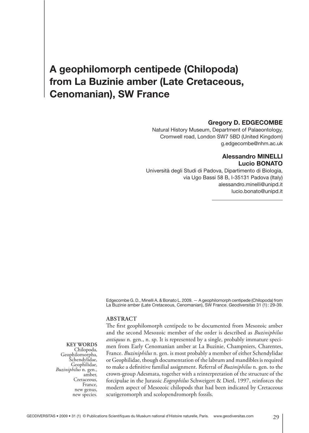 A Geophilomorph Centipede (Chilopoda) from La Buzinie Amber (Late Cretaceous, Cenomanian), SW France