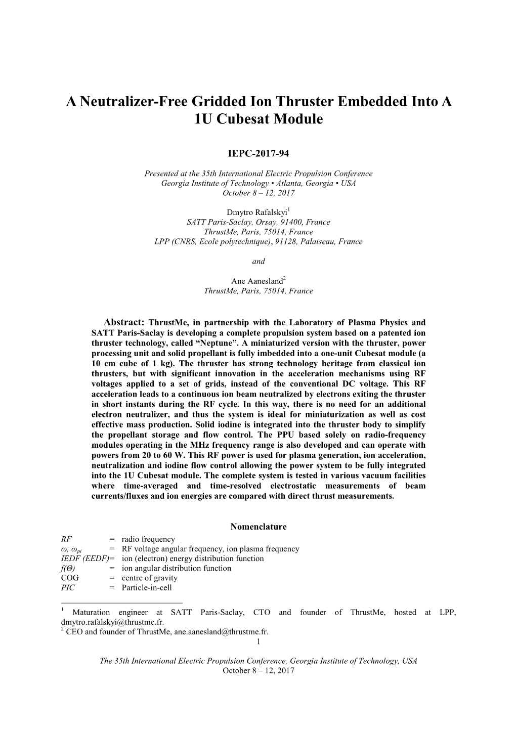 A Neutralizer-Free Gridded Ion Thruster Embedded Into a 1U Cubesat Module