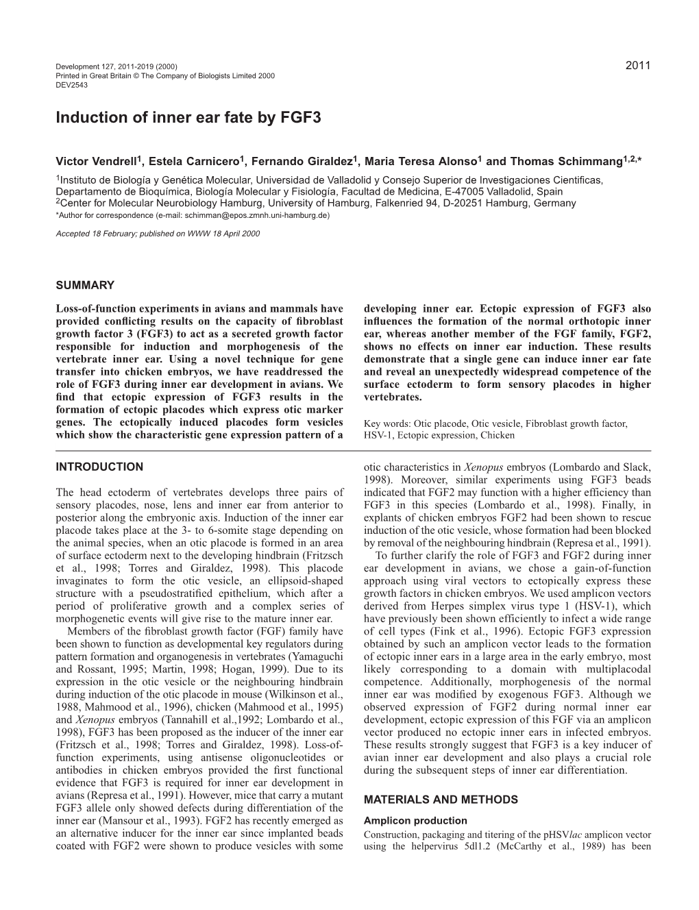 Control of Otic Development by FGF3 2013