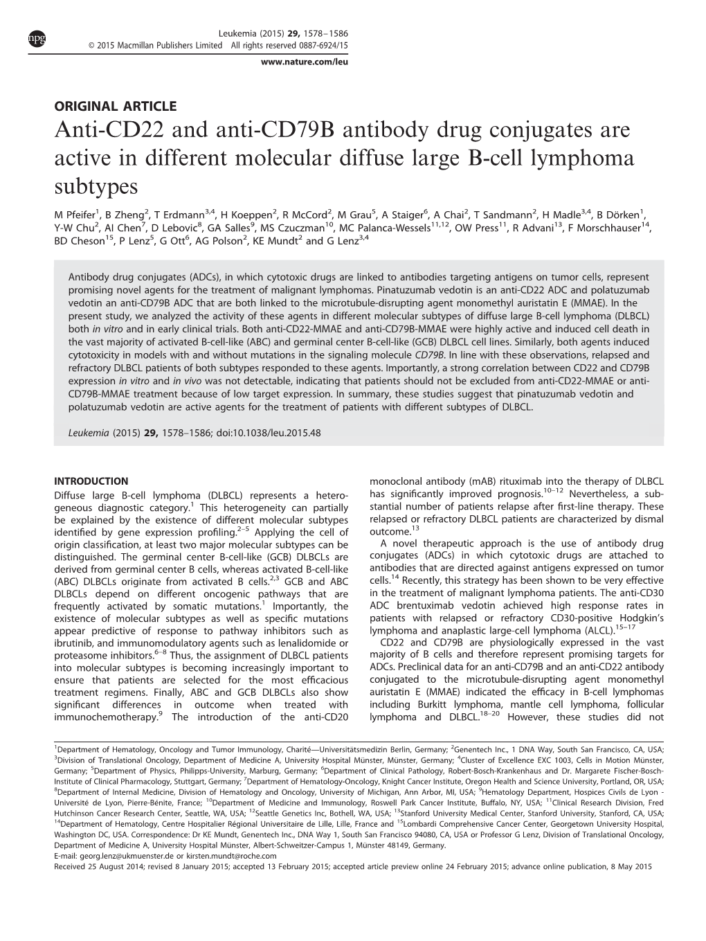 Anti-CD22 and Anti-CD79B Antibody Drug Conjugates Are Active in Different Molecular Diffuse Large B-Cell Lymphoma Subtypes