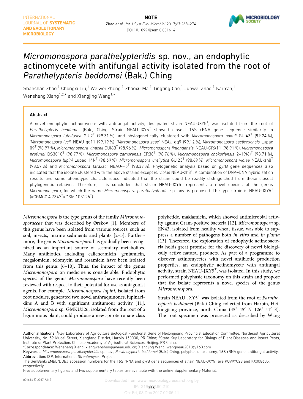 Micromonospora Parathelypteridis Sp. Nov., an Endophytic Actinomycete with Antifungal Activity Isolated from the Root of Parathelypteris Beddomei (Bak.) Ching