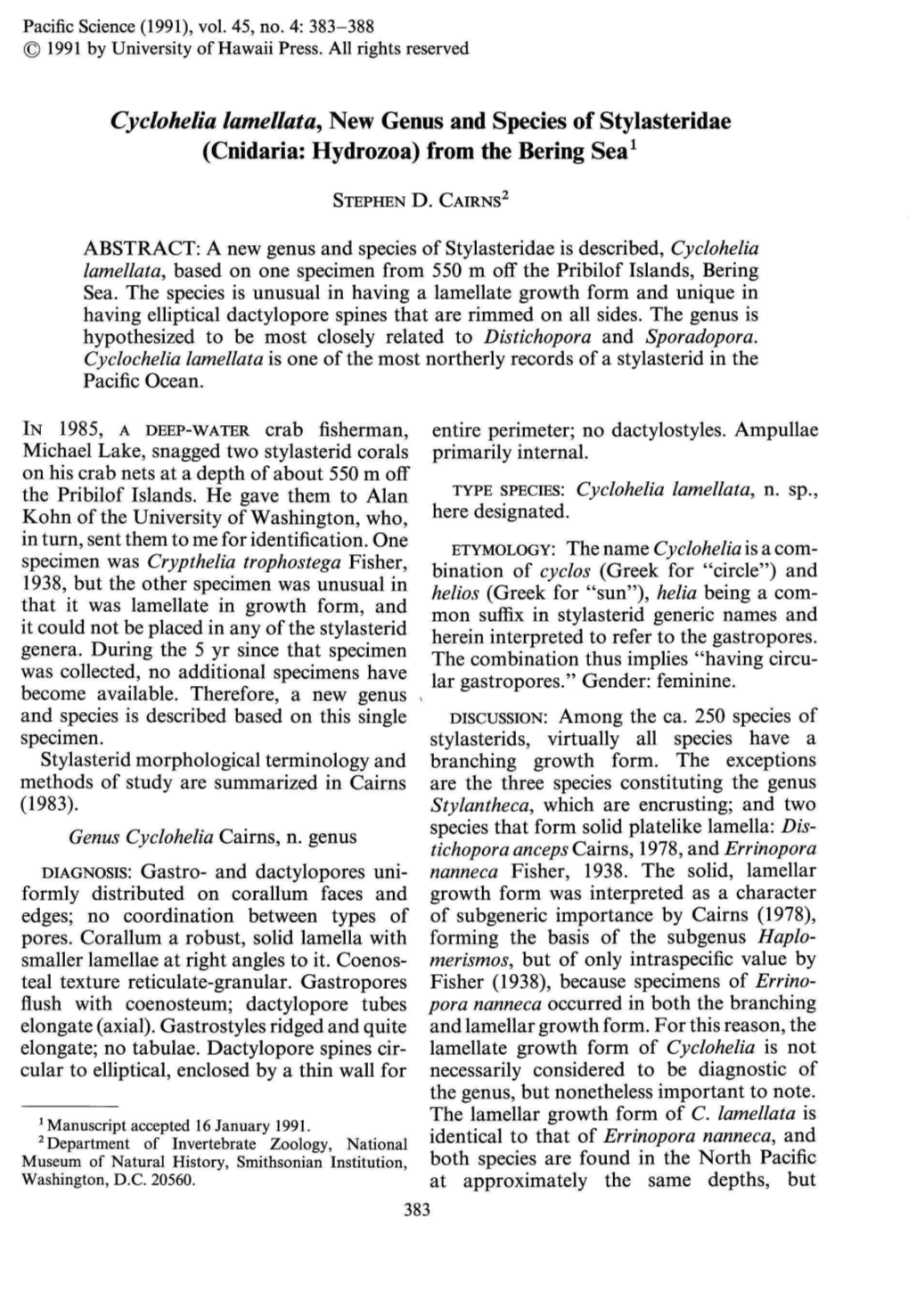 Cyclohelia Lamellata, New Genus and Species of Stylasteridae (Cnidaria: Hydrozoa) from the Bering Seal