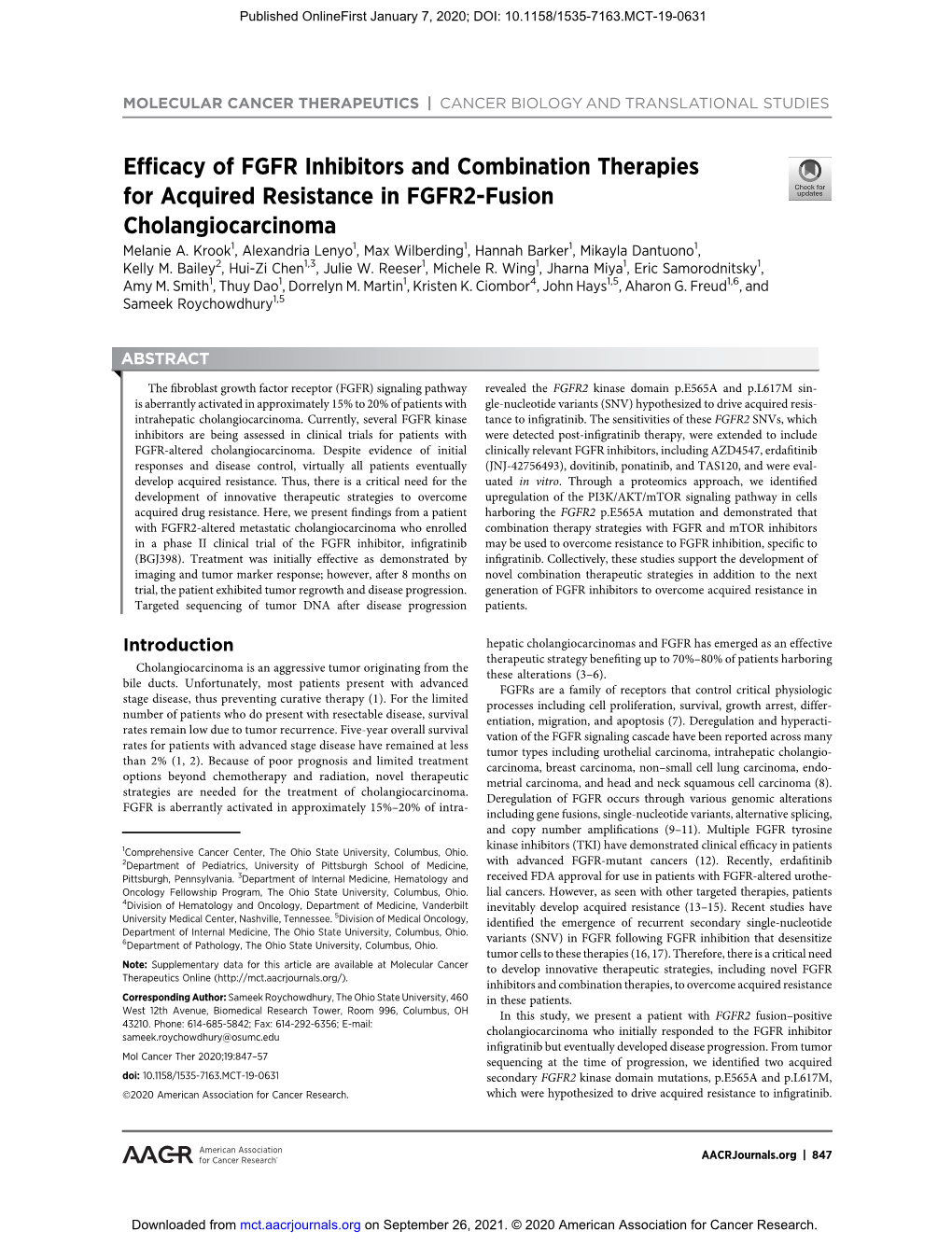 Efficacy of FGFR Inhibitors and Combination Therapies for Acquired Resistance in FGFR2-Fusion Cholangiocarcinoma