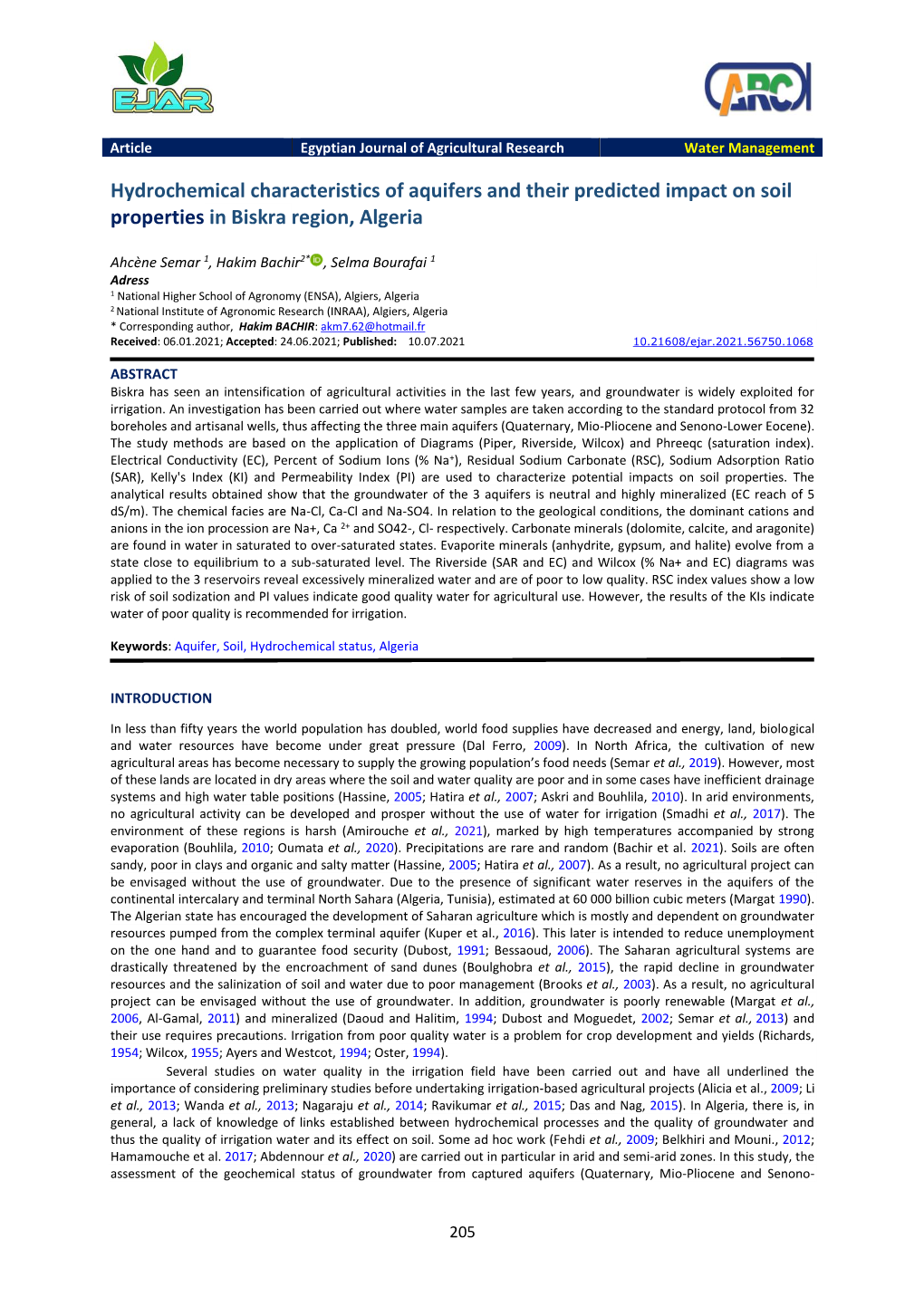 Hydrochemical Characteristics of Aquifers and Their Predicted Impact on Soil Properties in Biskra Region, Algeria