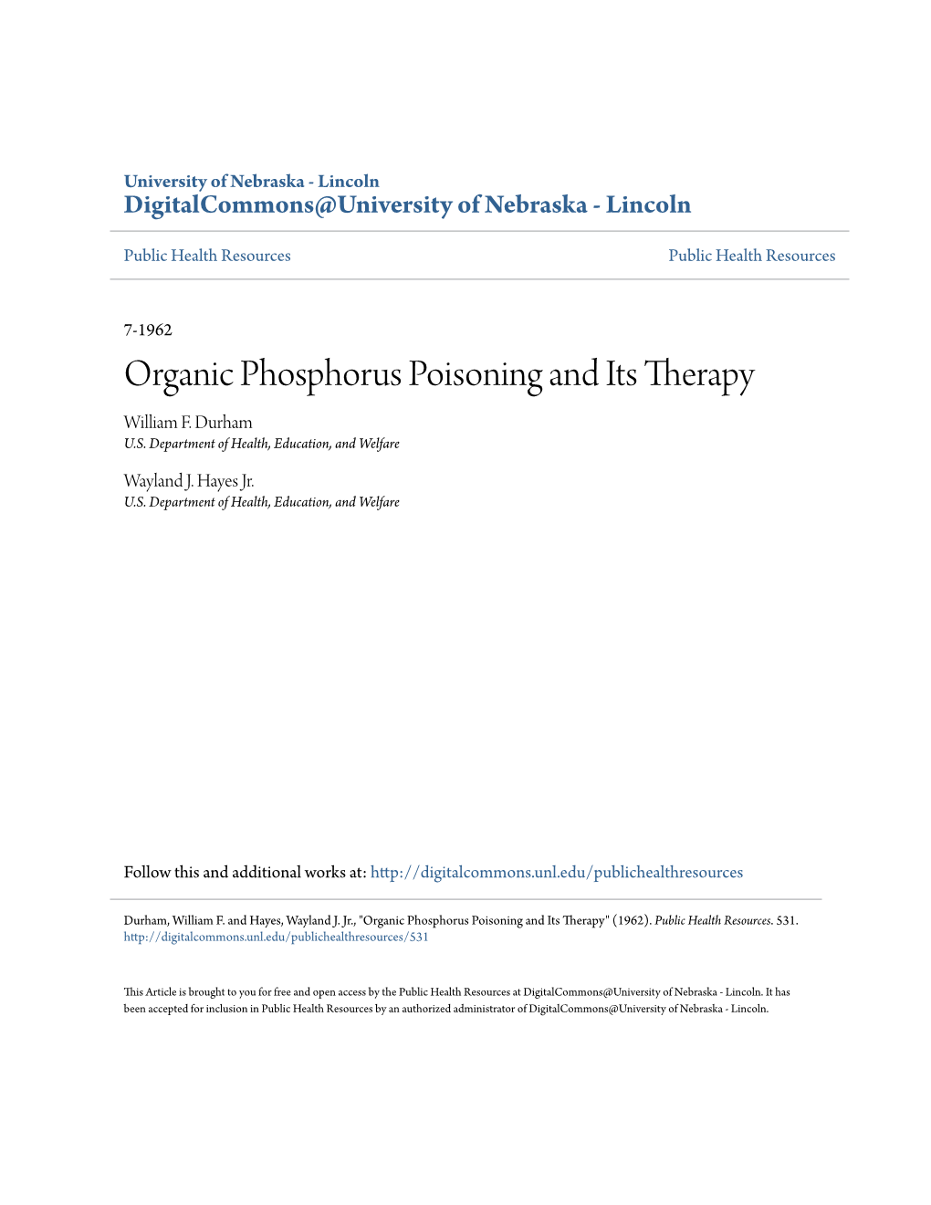 Organic Phosphorus Poisoning and Its Therapy William F