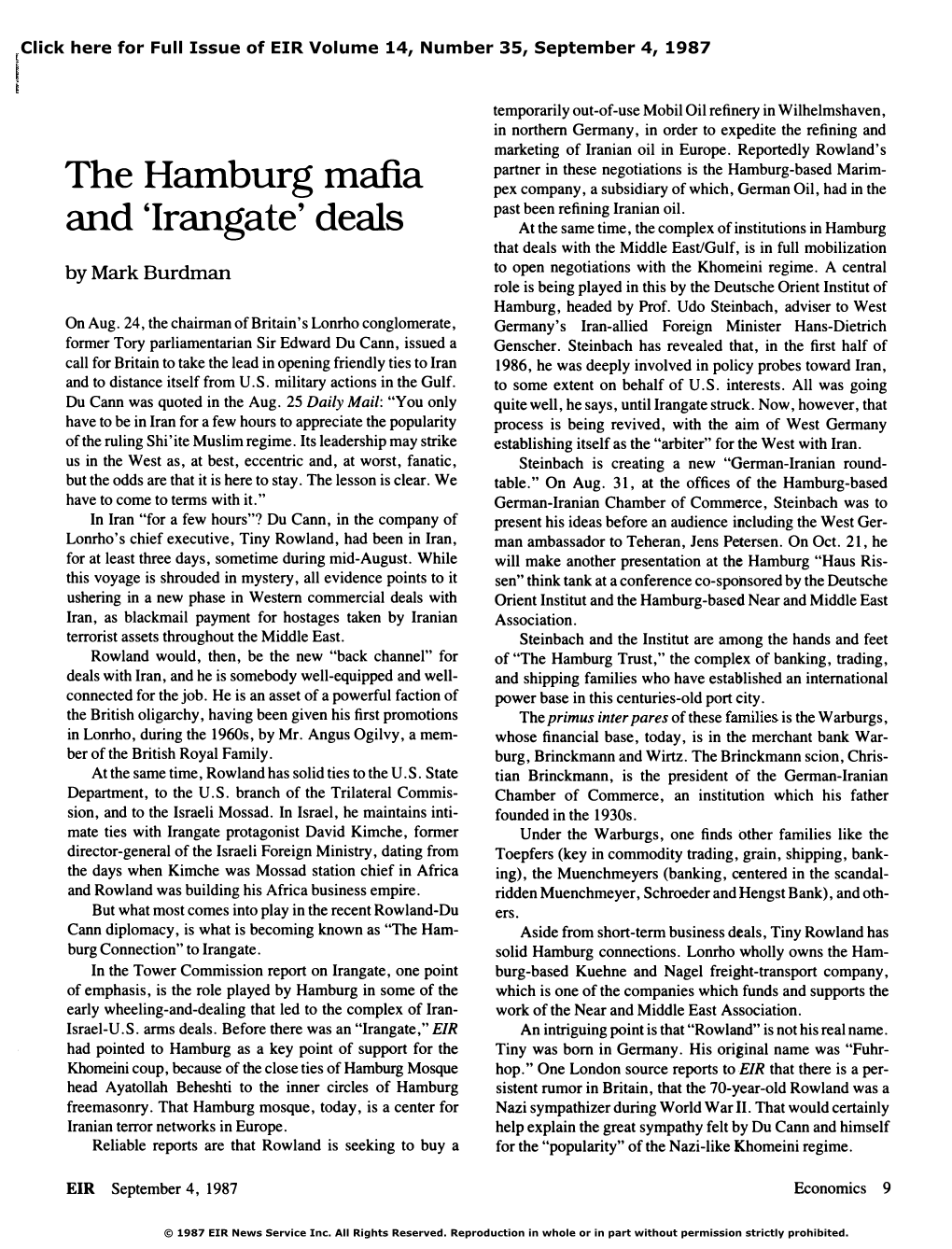 The Hamburg Mafia and 'Irangate' Deals