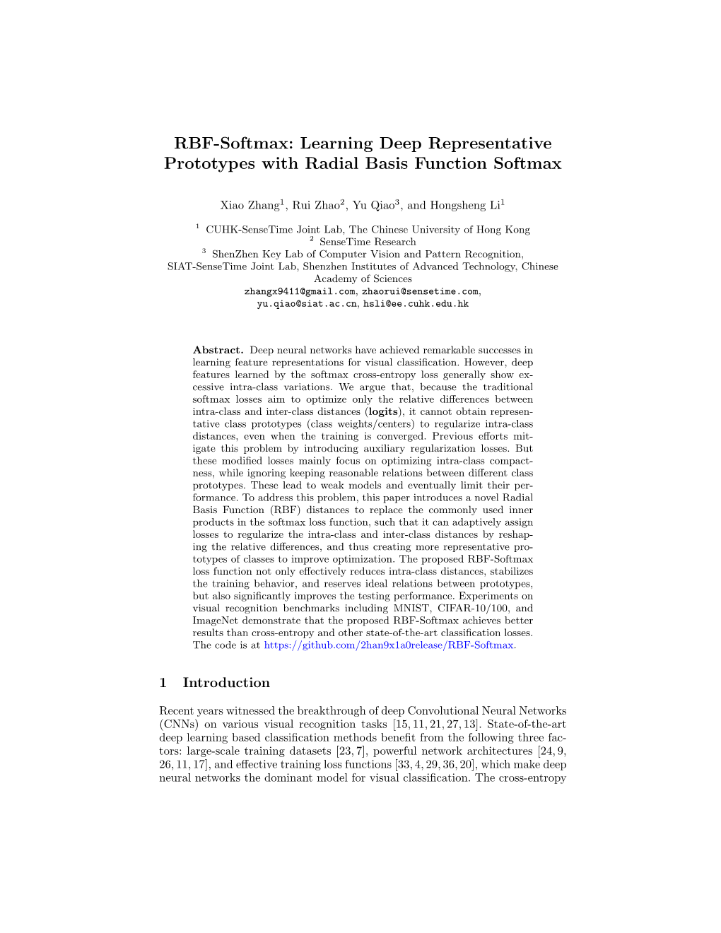 RBF-Softmax: Learning Deep Representative Prototypes with Radial Basis Function Softmax