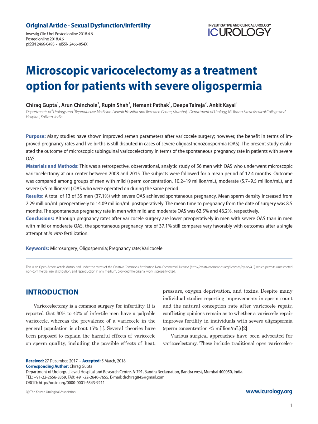 Microscopic Varicocelectomy As a Treatment Option for Patients with Severe Oligospermia