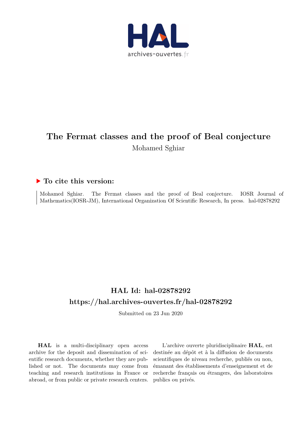 The Fermat Classes and the Proof of Beal Conjecture Mohamed Sghiar