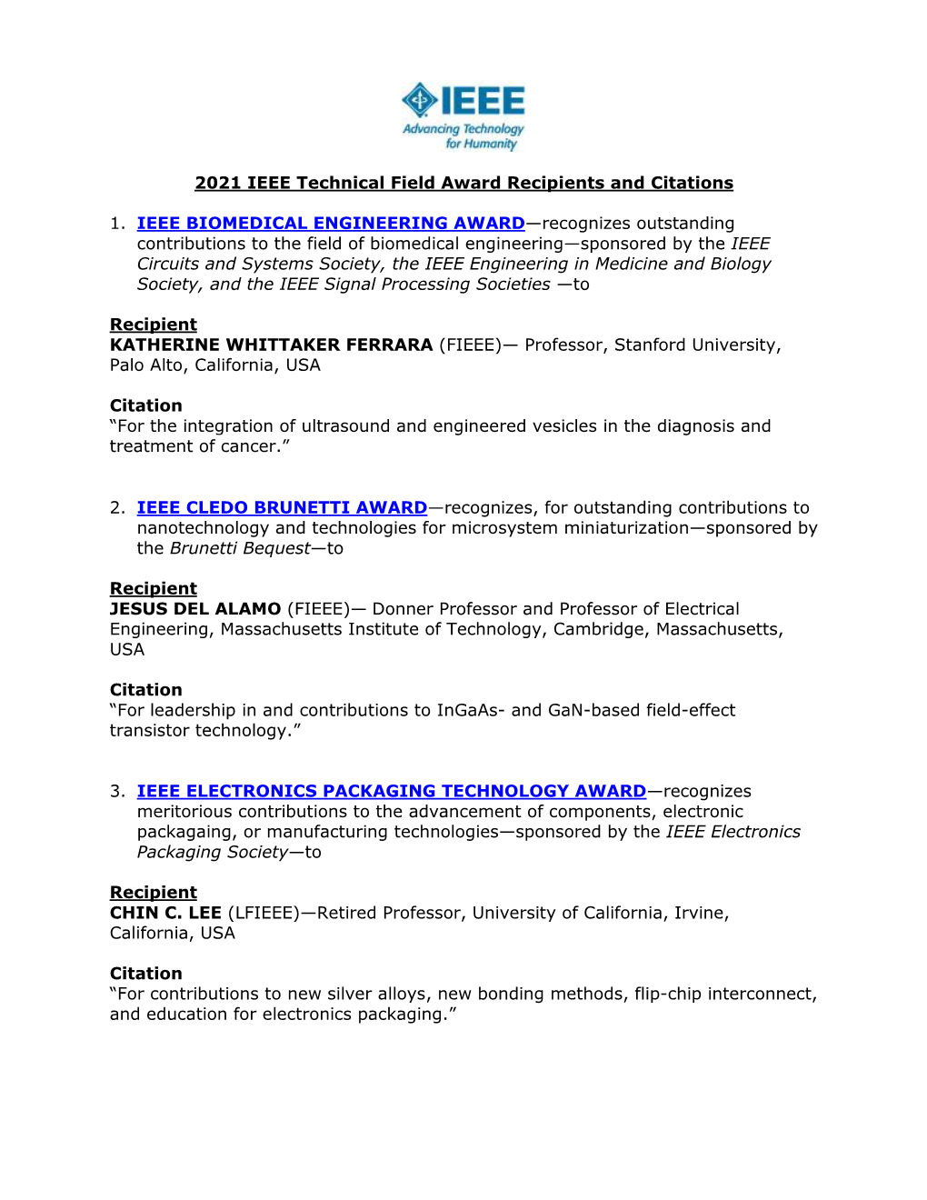 2021 IEEE Technical Field Award Recipients and Citations