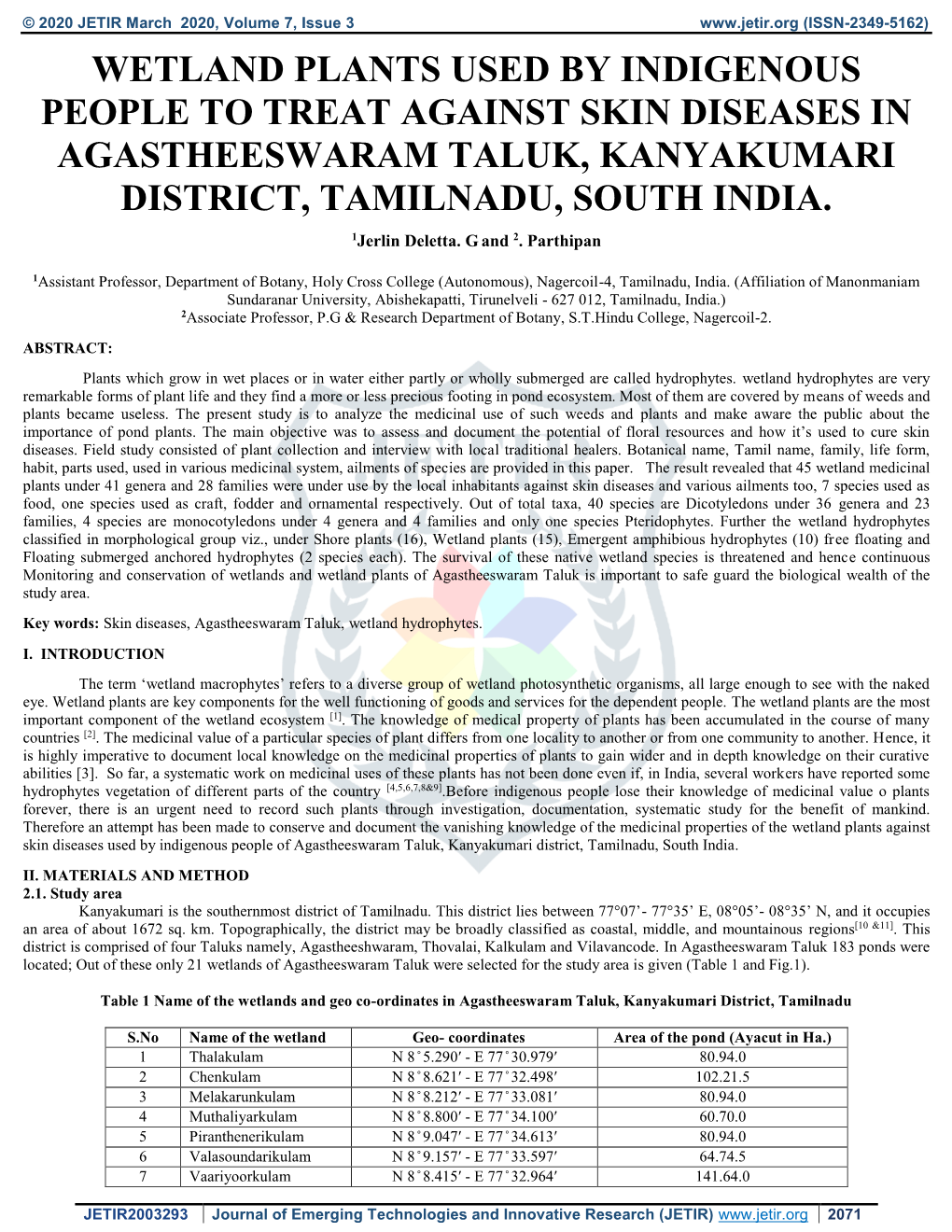 Wetland Plants Used by Indigenous People to Treat Against Skin Diseases in Agastheeswaram Taluk, Kanyakumari District, Tamilnadu, South India