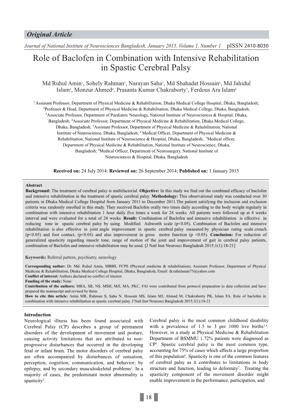 Role of Baclofen in Combination with Intensive Rehabilitation in Spastic Cerebral Palsy