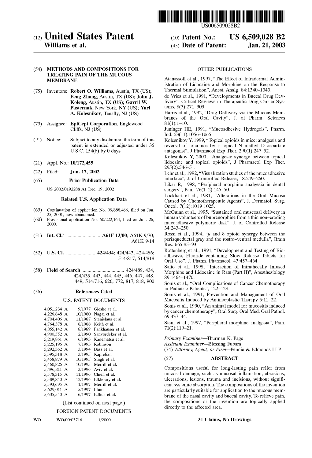 (12) United States Patent (10) Patent No.: US 6,509,028 B2 Williams Et Al