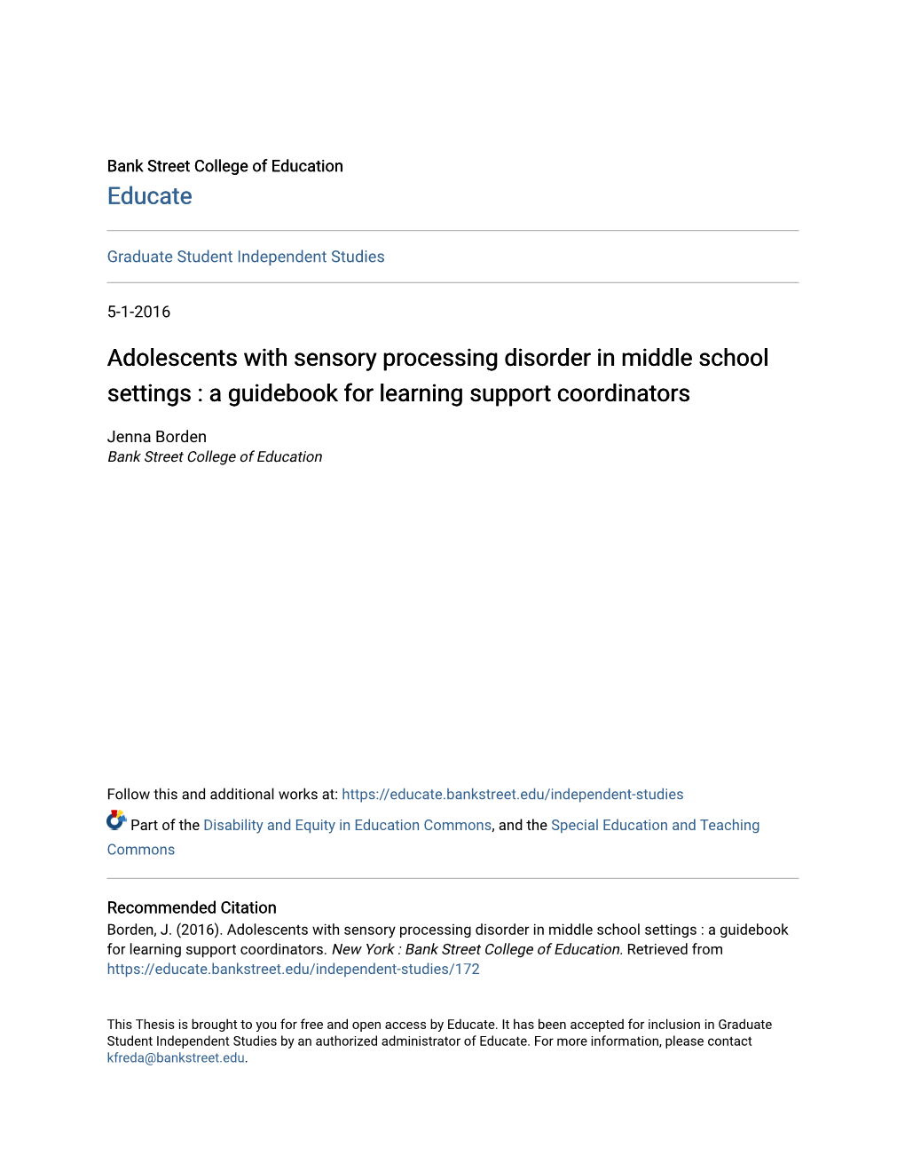 Adolescents with Sensory Processing Disorder in Middle School Settings : a Guidebook for Learning Support Coordinators