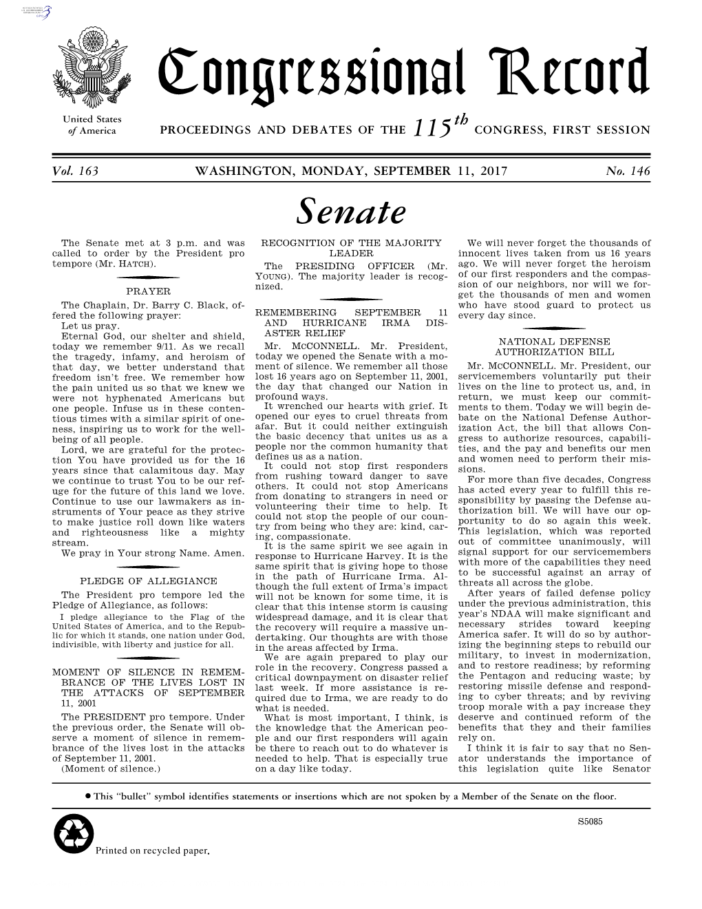 Congressional Record United States Th of America PROCEEDINGS and DEBATES of the 115 CONGRESS, FIRST SESSION