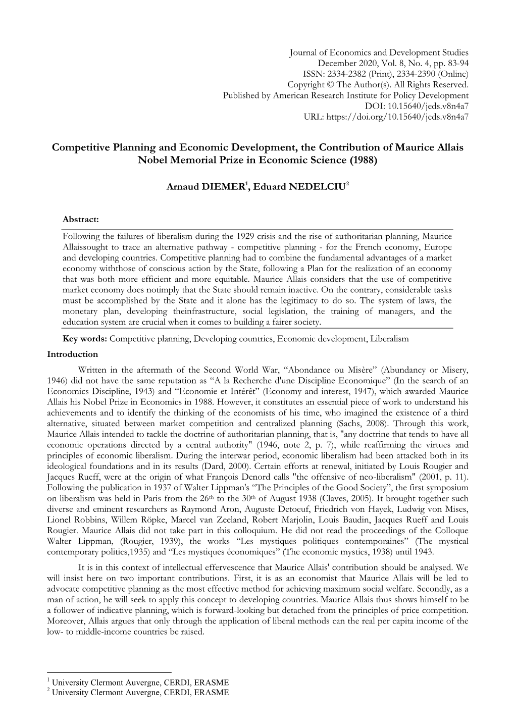 Competitive Planning and Economic Development, the Contribution of Maurice Allais Nobel Memorial Prize in Economic Science (1988)