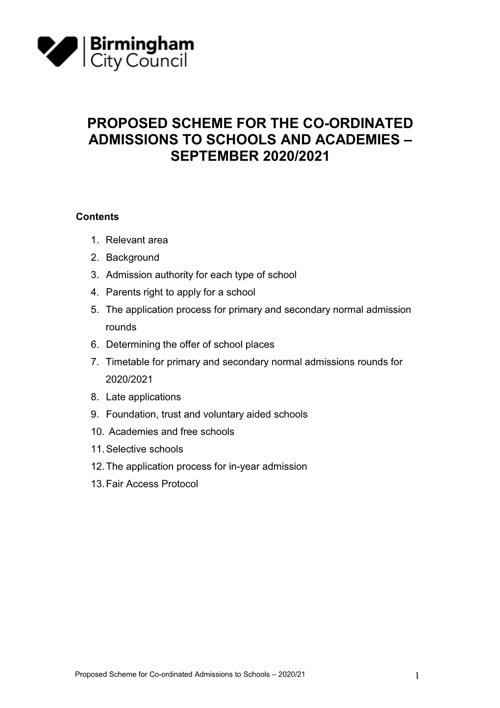 Proposed Scheme for the Co-Ordinated Admissions to Schools and Academies – September 2020/2021