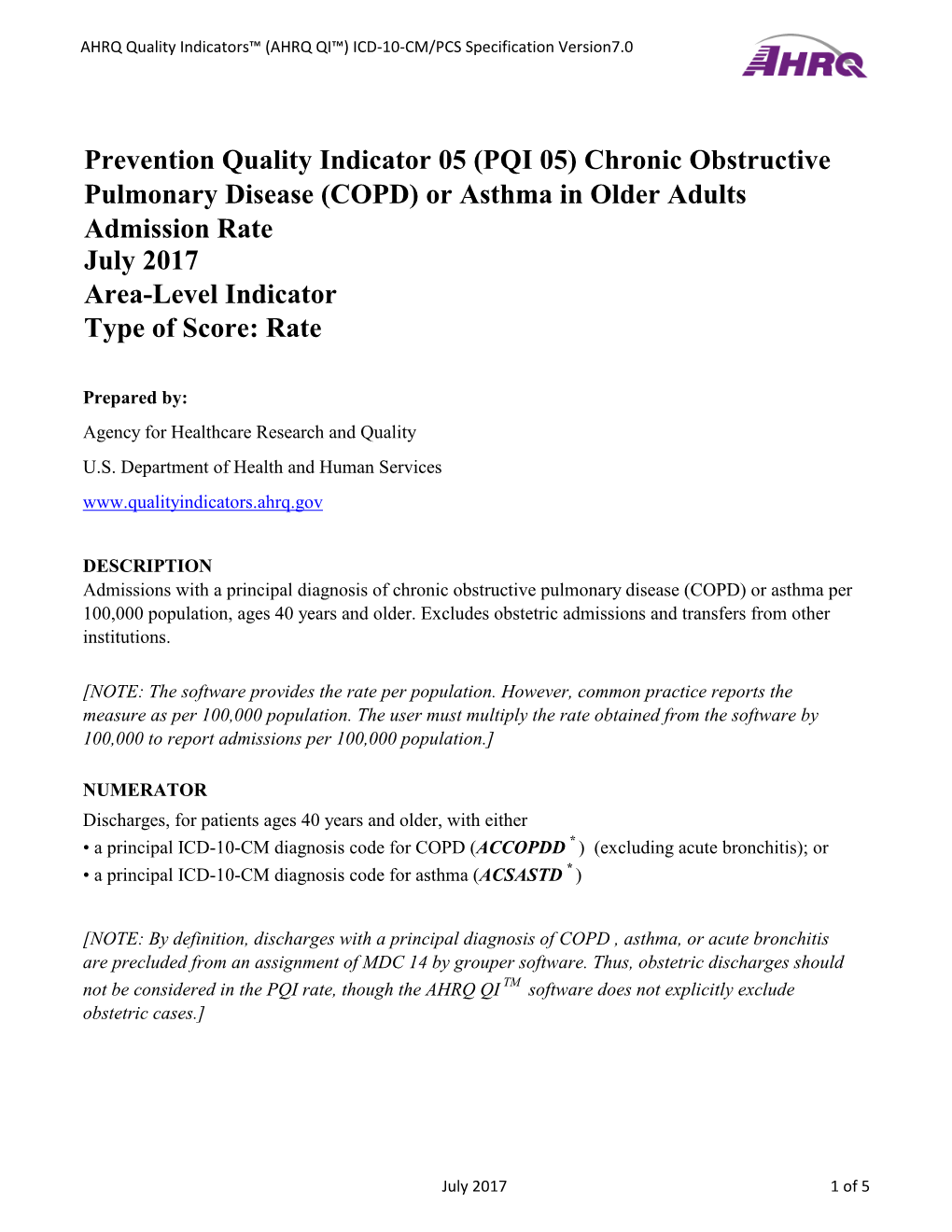 PQI 05 Chronic Obstructive Pulmonary Disease (COPD) Or Asthma in Older Adults Admission Rate