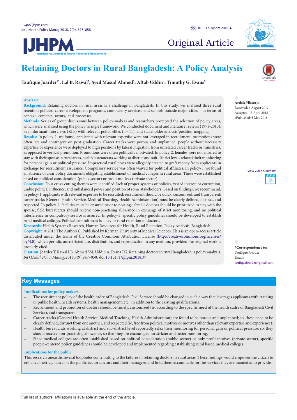 Retaining Doctors in Rural Bangladesh: a Policy Analysis