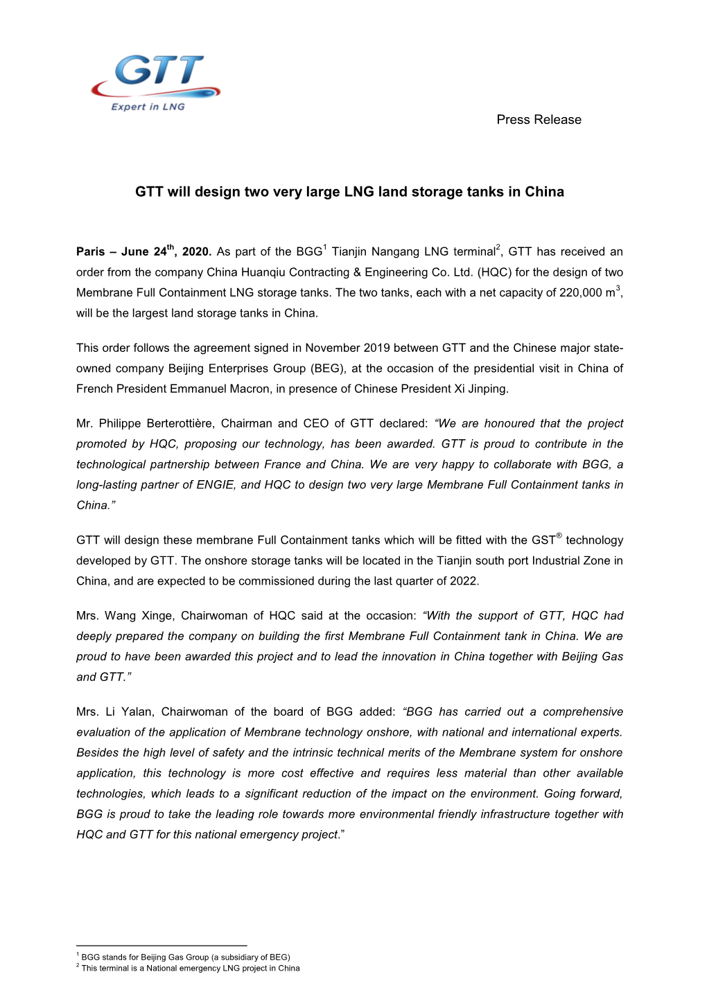 GTT Will Design Two Very Large LNG Land Storage Tanks in China